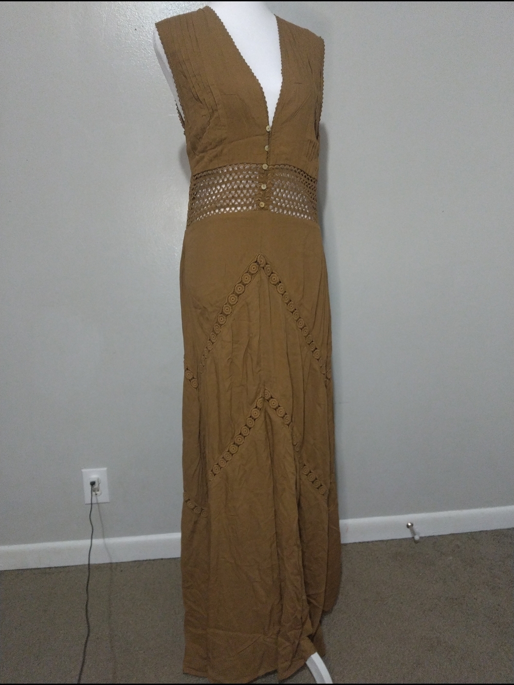 Sleeveless V-Neck Maxi Dress in Tan with Crochet Waist Detail